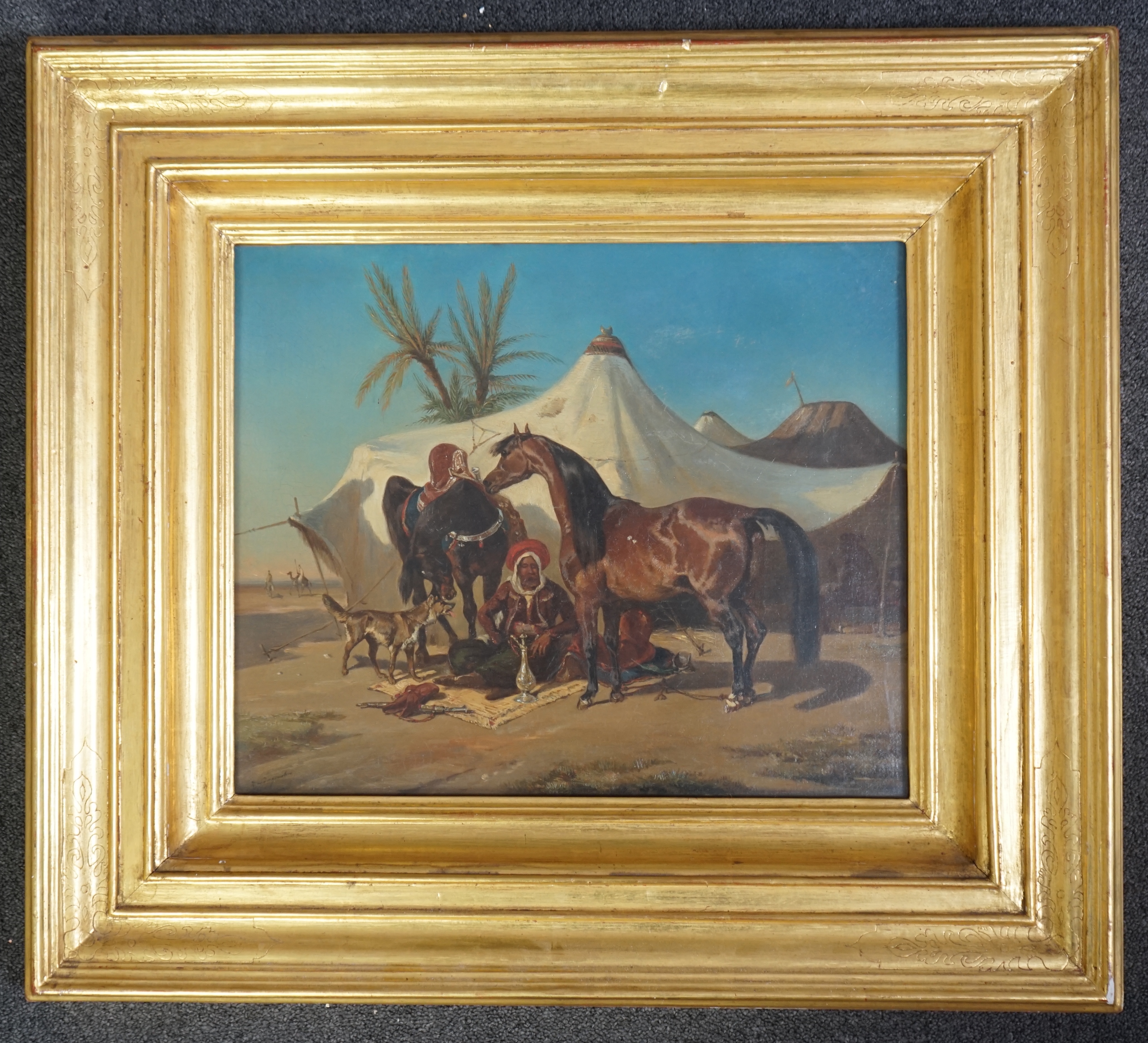 Joseph Zéphyris Gengembre (French, 1818-1870), Encampment in the desert with seated Arab warrior and horses, oil on canvas, 36 x 44cm